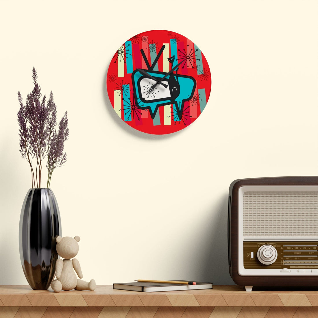 Mid Century Modern TV, Atomic Cat, Kitschy Retro MCM Acrylic Wall Clock Home Decor 10.75&