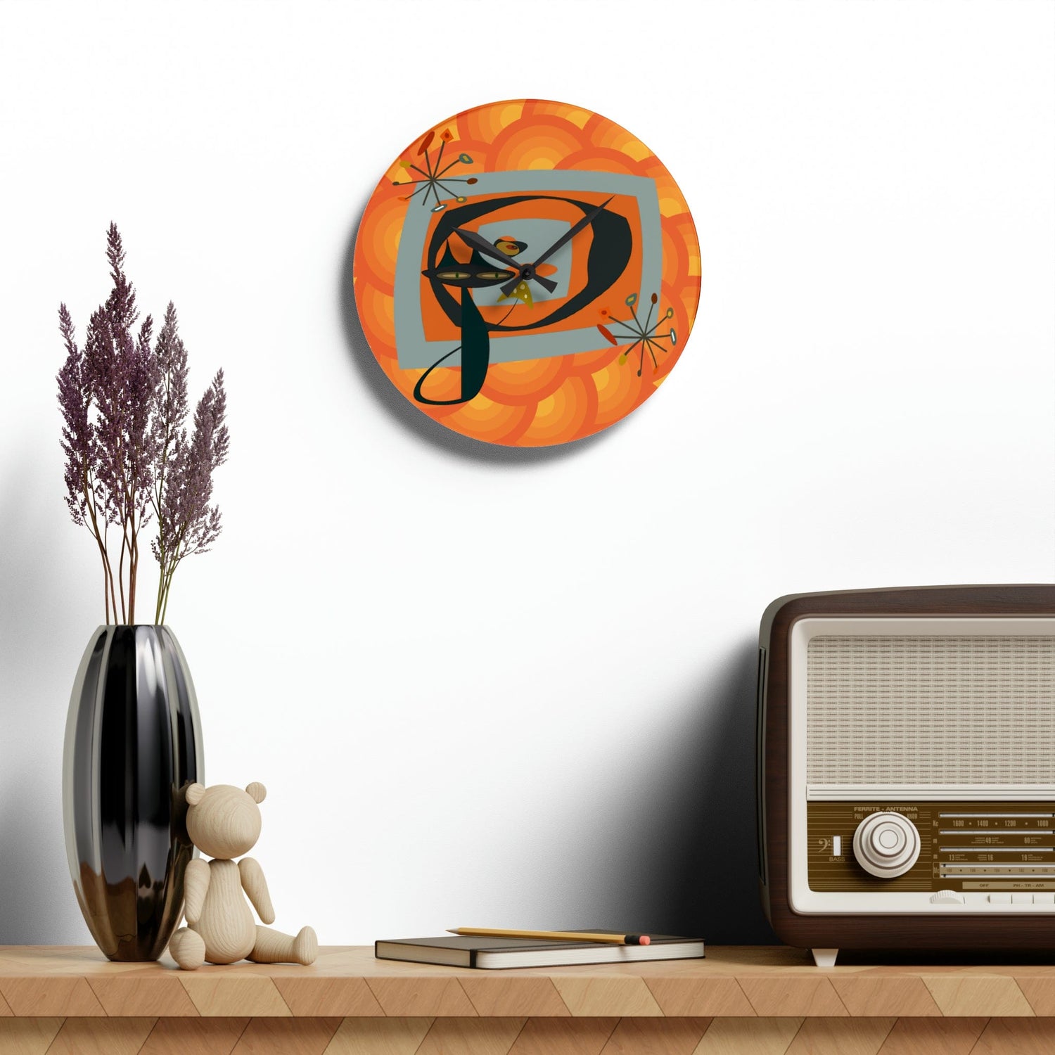 Mid Century Modern Wall Clock, Atomic Kitschy Cat, Orange Groovy Retro Acrylic Wall Clock Home Decor 10.75&