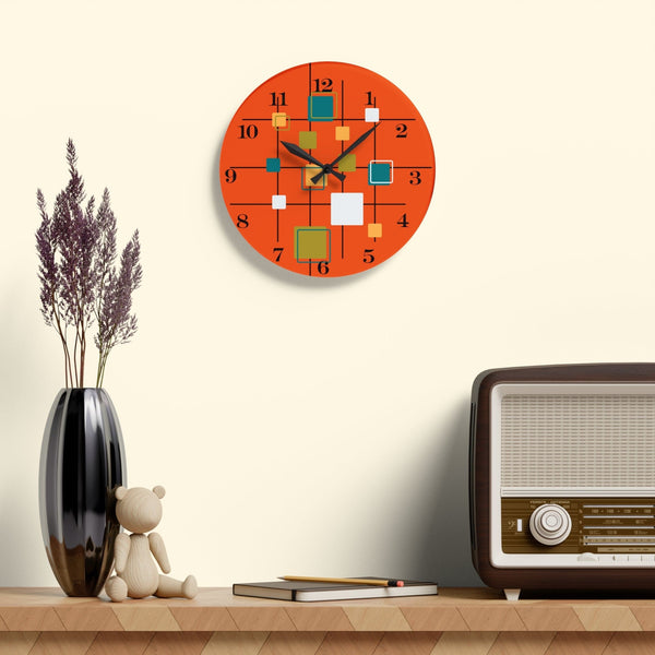 Mid Century Modern Wall Clock, Orange, Retro Geometric Acrylic Wall Clock