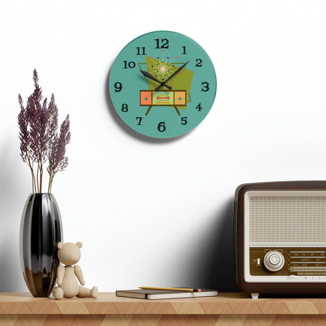 Mid Century Modern Wall Clock, Teal Blue Retro Style, Acrylic Wall Clock Home Decor 10.75&