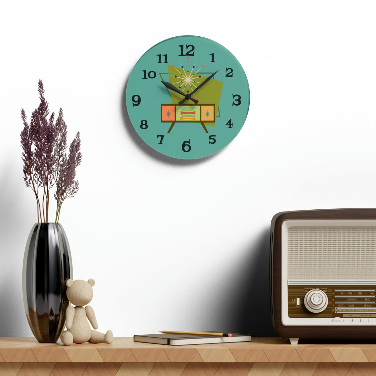Mid Century Modern Wall Clock, Teal Blue Retro Style, Acrylic Wall Clock Home Decor 10.75'' × 10.75'' (Round)