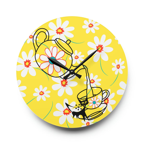 Retro 70's Daisy Kitschy Tea Time Yellow, Aqua, Atomic Mod Cat, Acrylic Wall Clock