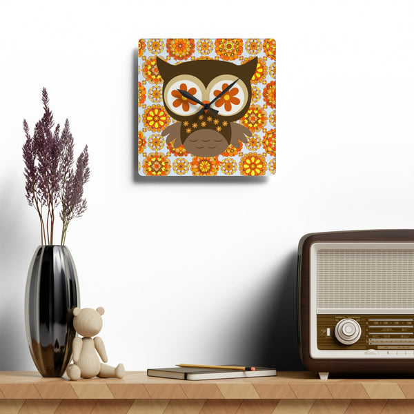 1970's Retro Owl Orange, Mod Groovy Flower Power, Acrylic Wall Clock