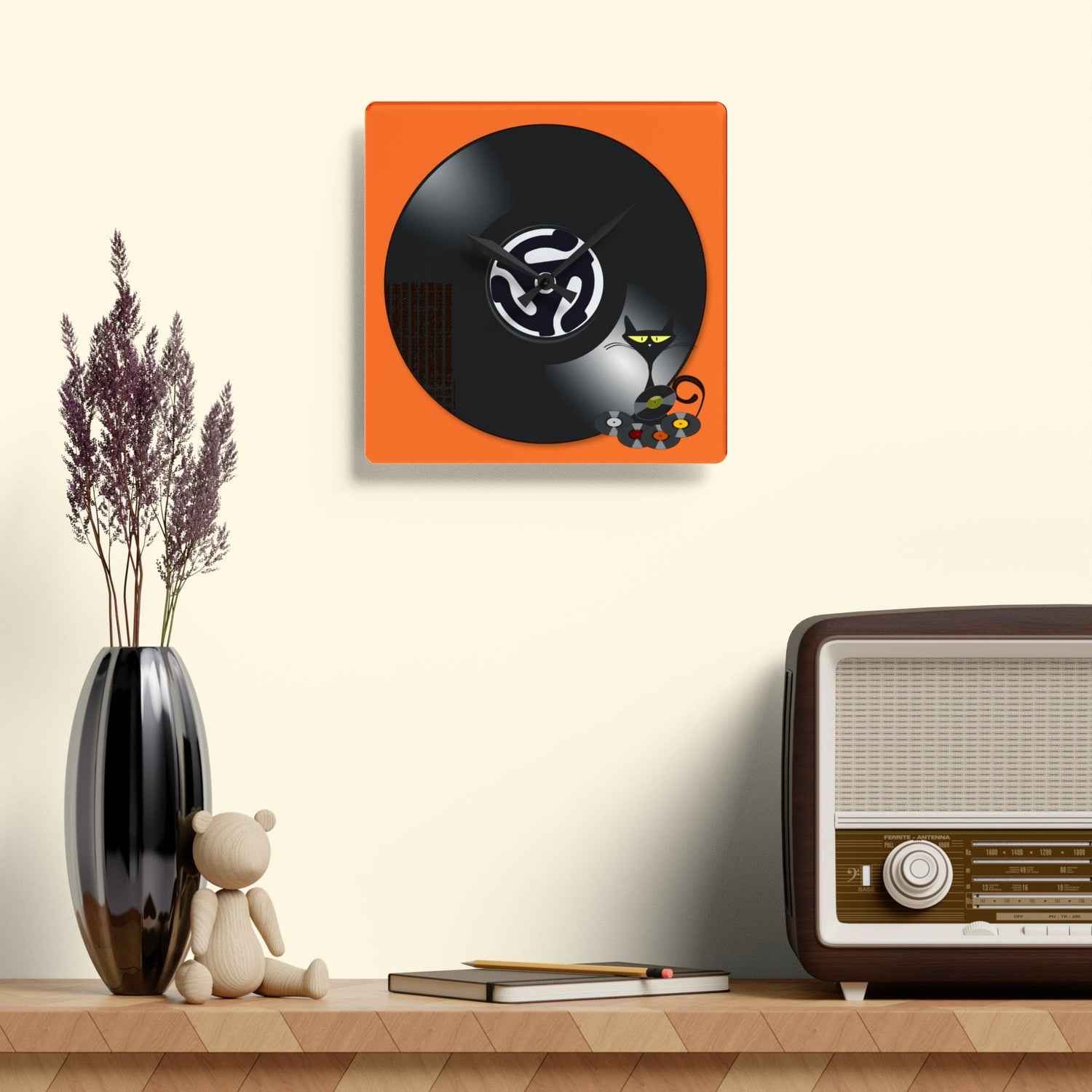 Atomic Cat, Groovy Vinyl Record Collector, Mid Mod Acrylic Wall Clock Home Decor 10.75&