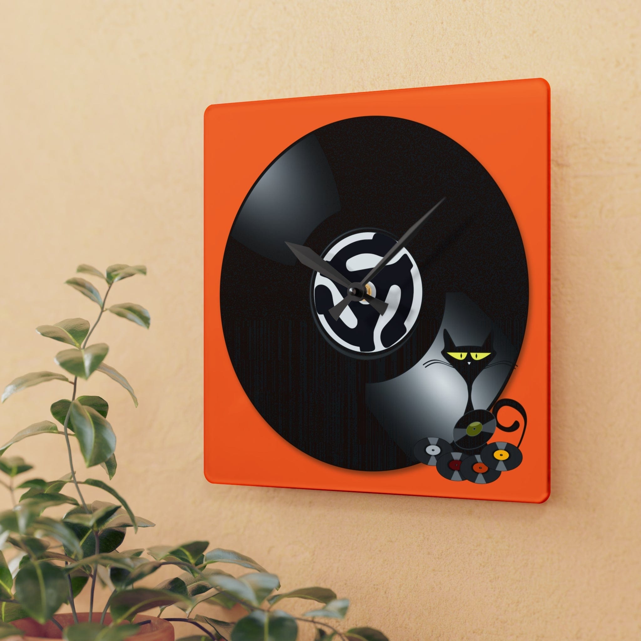 Atomic Cat, Groovy Vinyl Record Collector, Mid Mod Acrylic Wall Clock Home Decor 10.75&