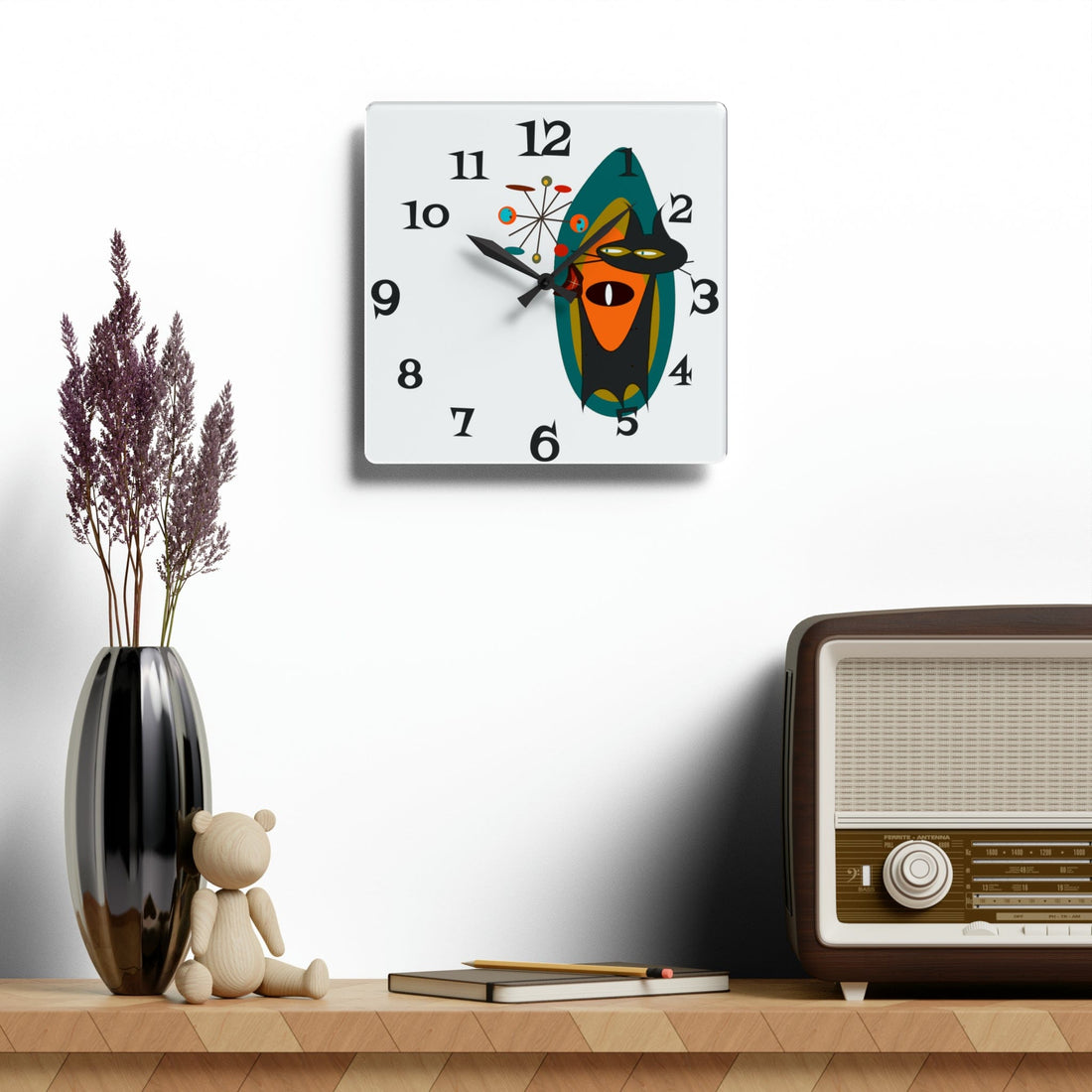 Atomic Cat, Kitschy Fun, Mid Century Modern, Acrylic Wall Clock Home Decor 10.75&