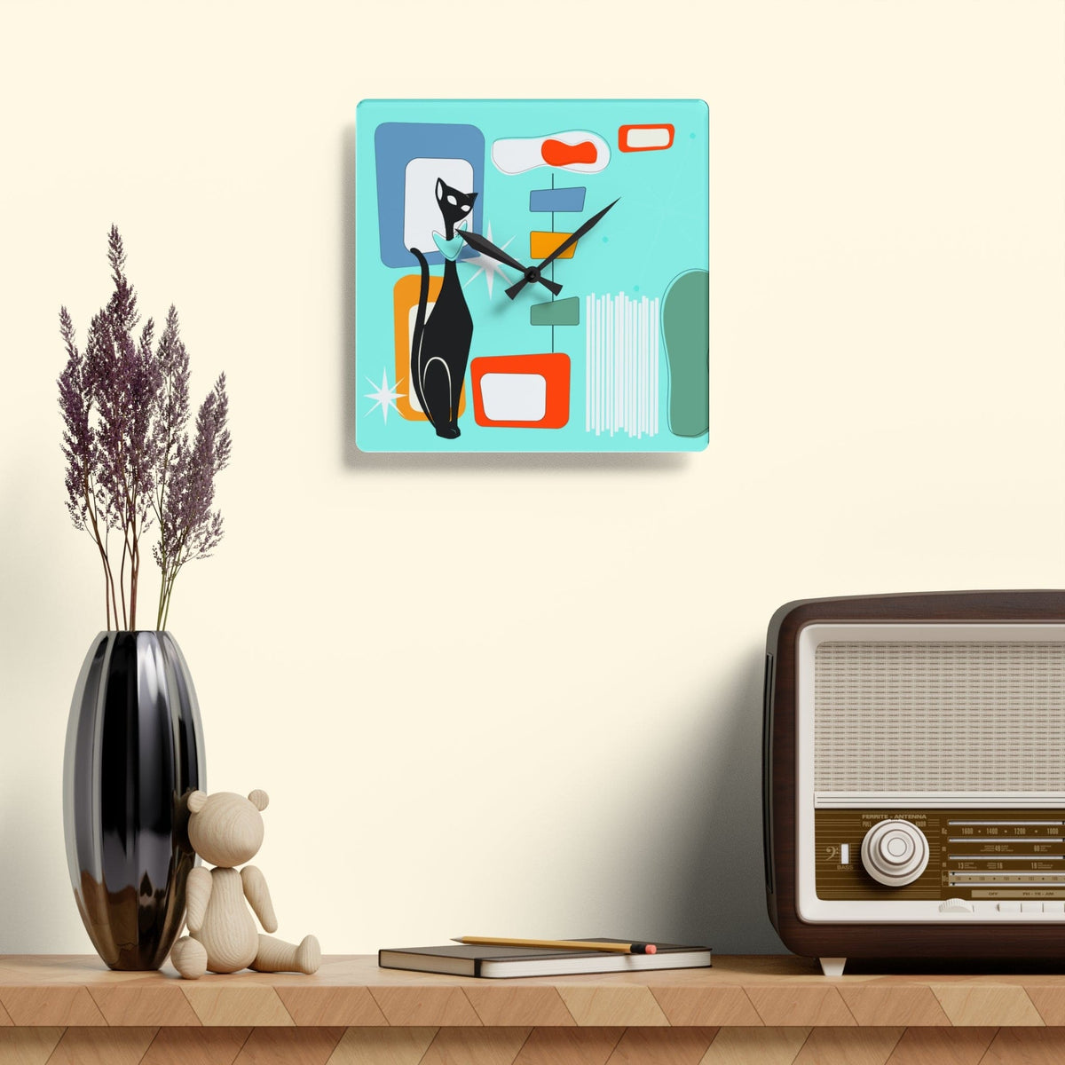 Atomic Cat Mid Century Modern, Geometric Aqua, Retro Acrylic Wall Clock Home Decor 10.75'' × 10.75'' (Square)