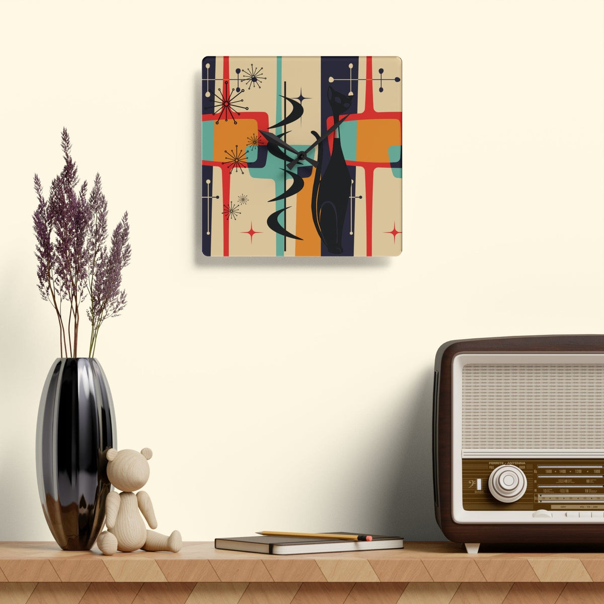 Atomic Cat, Mid Century Modern Geometric Beige, Gray, Burnt Orange, Retro Acrylic Wall Clock Home Decor 10.75'' × 10.75'' (Square)