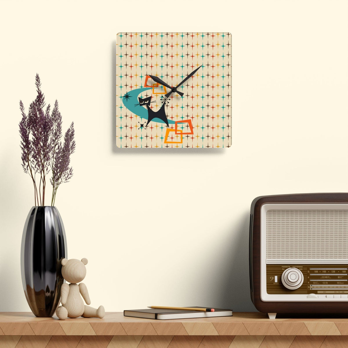 Atomic Space Cat, Retro Designed, MCM Office, Living Room, Bedroom, Kitchen Acrylic Wall Clock Home Decor 10.75'' × 10.75'' (Square)