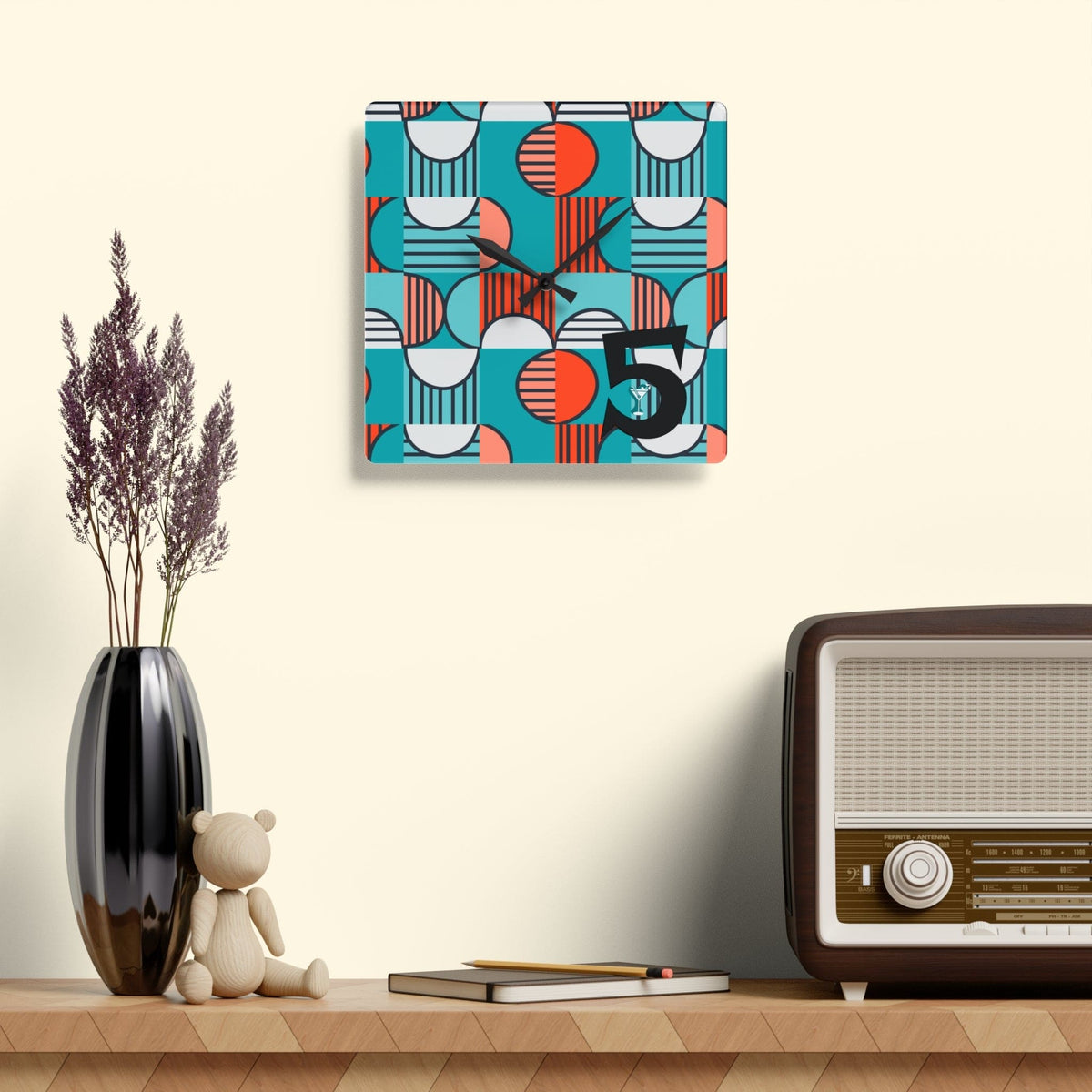 Mid Century Modern Aqua, Orange, Geometric 5'oclock Happy Hour Acrylic Wall Clock Home Decor 10.75'' × 10.75'' (Square)