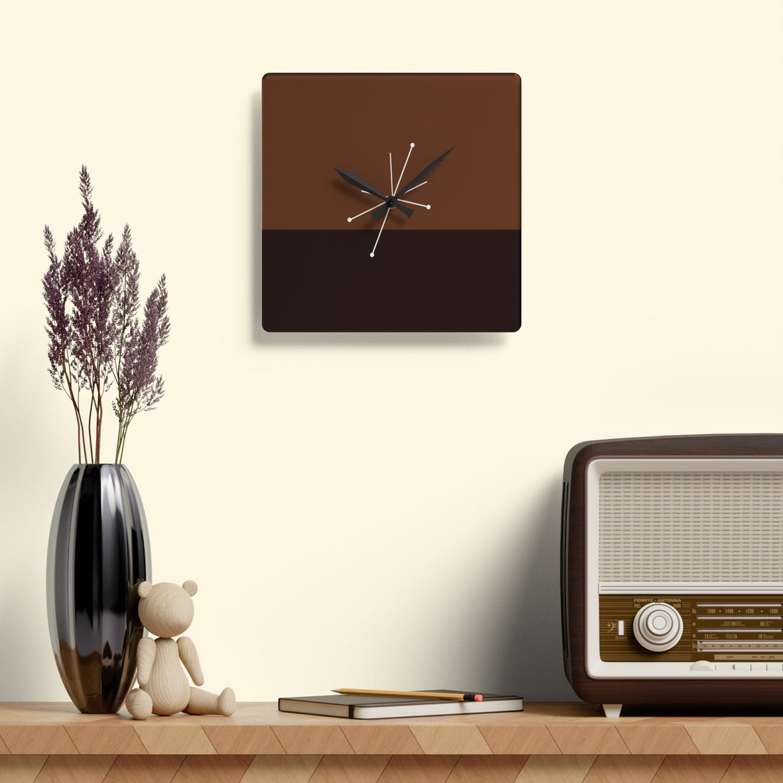 Mid Century Modern, Minimalist Black, Brown, MCM Acrylic Wall Clock Home Decor 10.75&