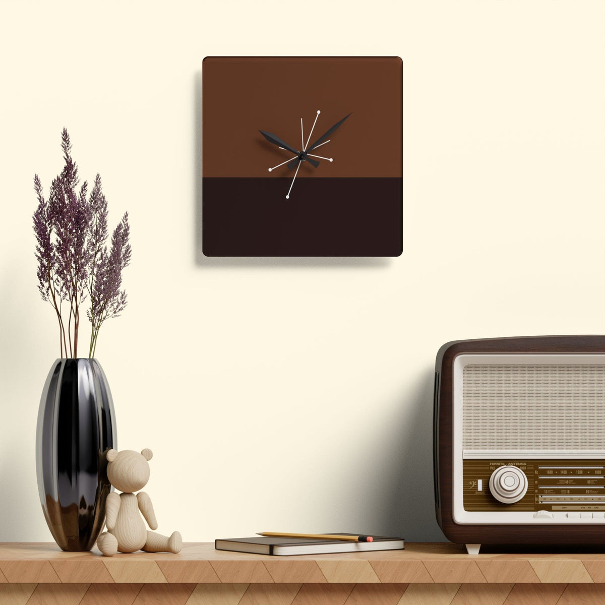 Mid Century Modern, Minimalist Black, Brown, MCM Acrylic Wall Clock Home Decor 10.75'' × 10.75'' (Square)