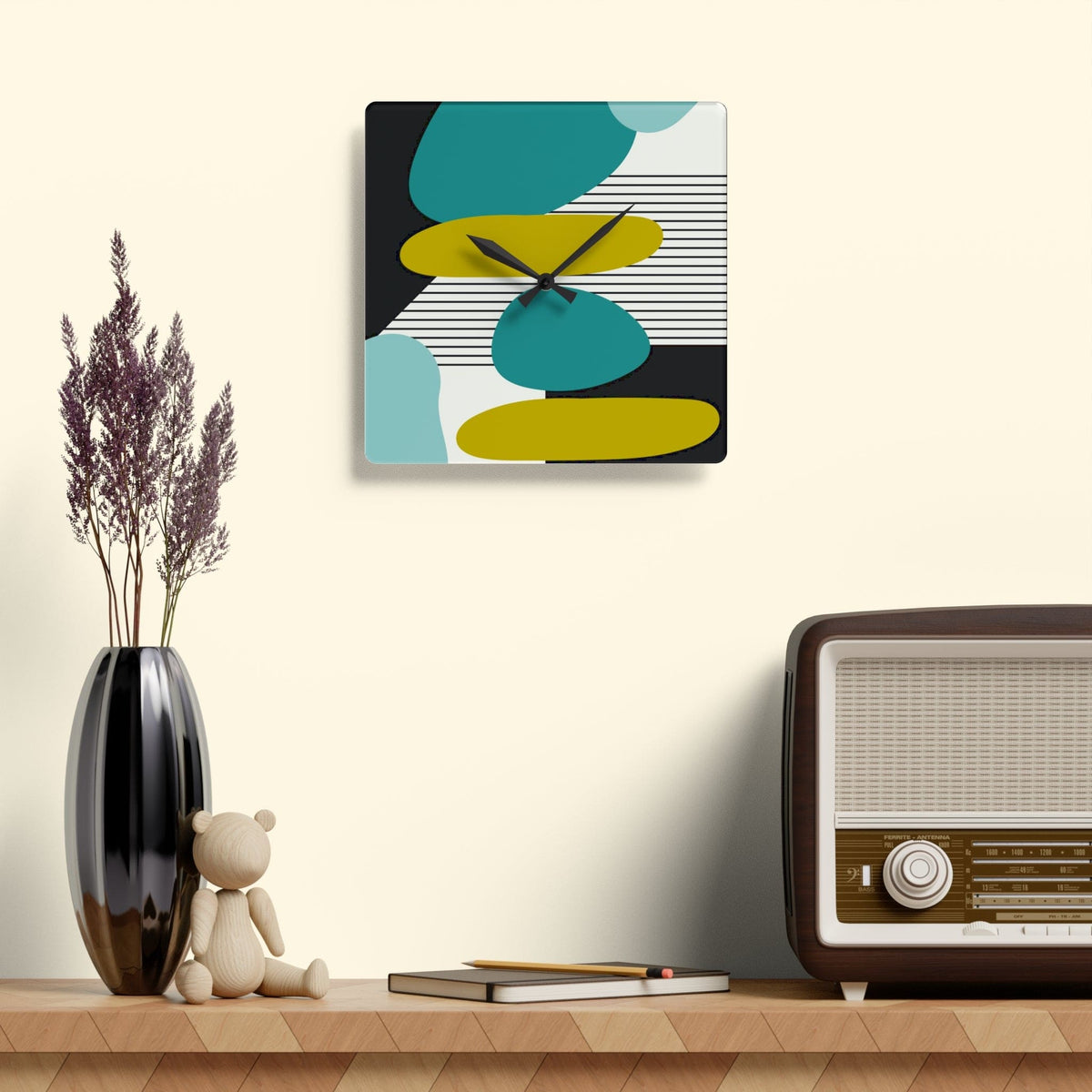 Mid Century Modern, Minimalist Geometric Green, Teal, Black Abstract Acrylic Wall Clock Home Decor 10.75'' × 10.75'' (Square)