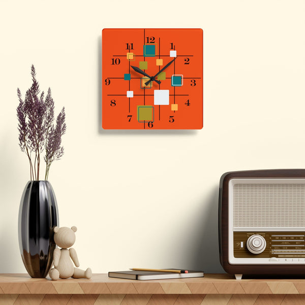 Mid Century Modern Wall Clock, Orange, Retro Geometric Acrylic Wall Clock