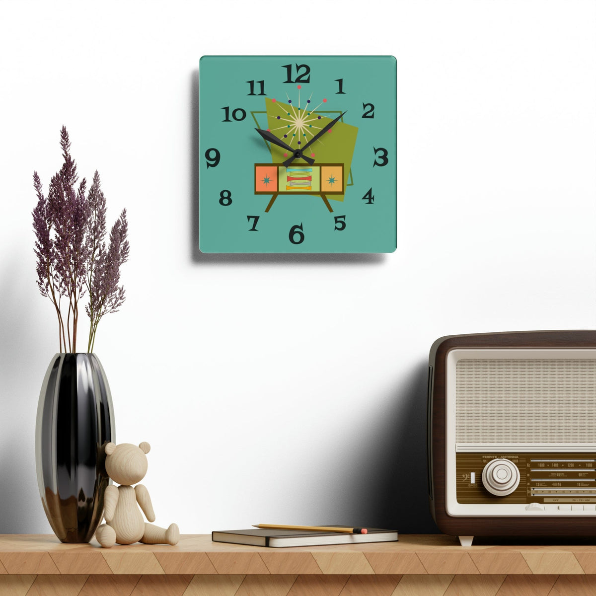 Mid Century Modern Wall Clock, Teal Blue Retro Style, Acrylic Wall Clock Home Decor 10.75'' × 10.75'' (Square)