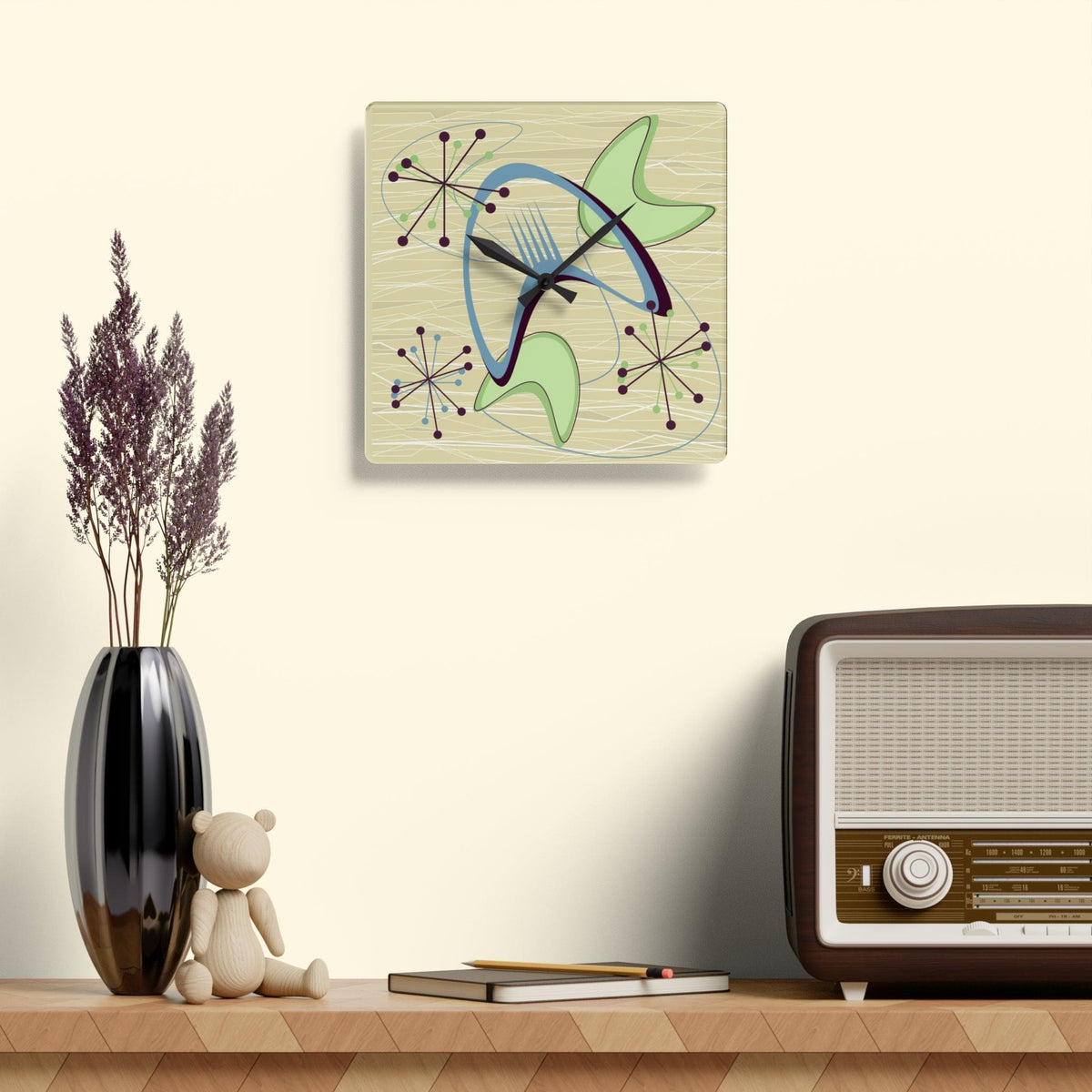 Mide Century Modern Atomic Boomerang, Retro Acrylic Wall Clock Home Decor 10.75'' × 10.75'' (Square)