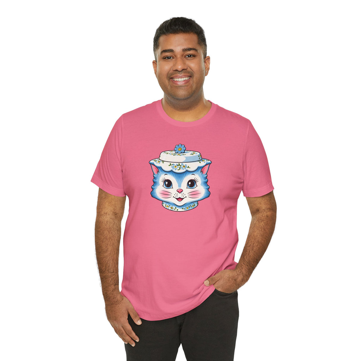 Mid Century Modern Kitschy Anthropomorphic Blue Cat with Floral Hat Unisex T-Shirt