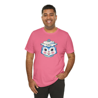 Mid Century Modern Kitschy Anthropomorphic Blue Cat with Floral Hat Unisex T-Shirt