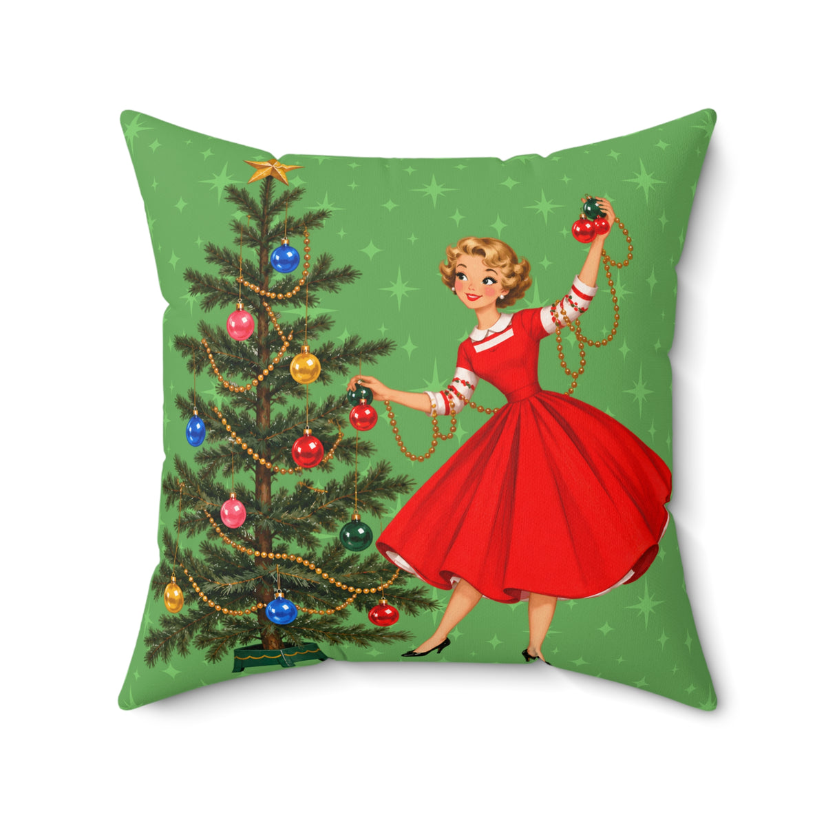 Mid Century Modern Gal Decorating Christmas Tree, Green Atomic Starbursts Pillow Cover and Insert