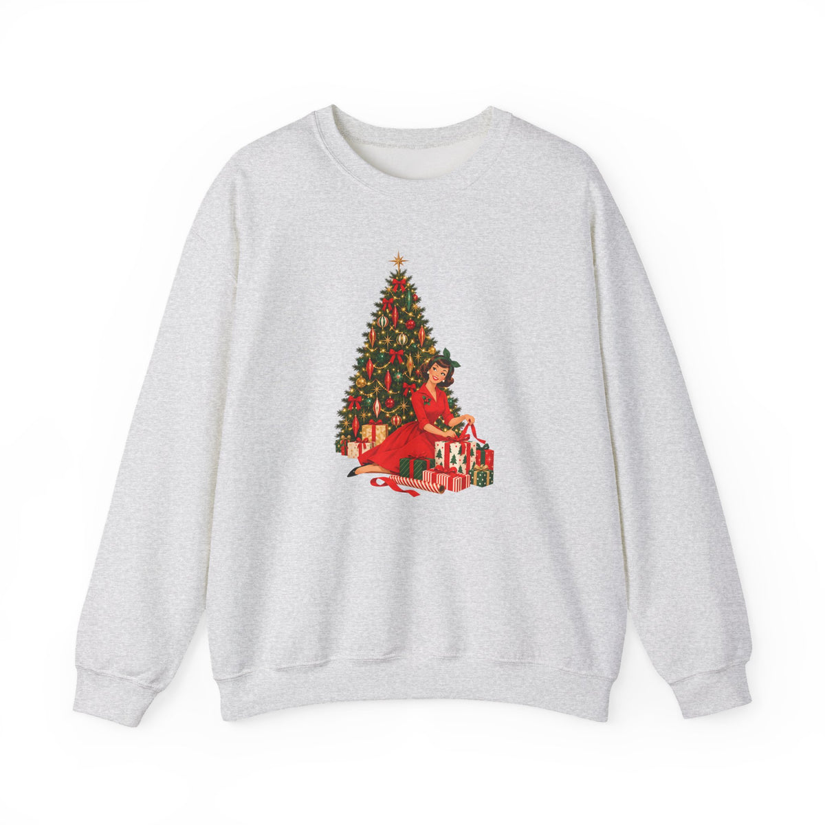 Mid Century Modern Christmas Glamour Gal Wrapping Presents by Tree Unisex Heavy Blend™ Crewneck Sweatshirt - Mid Century Modern Gal