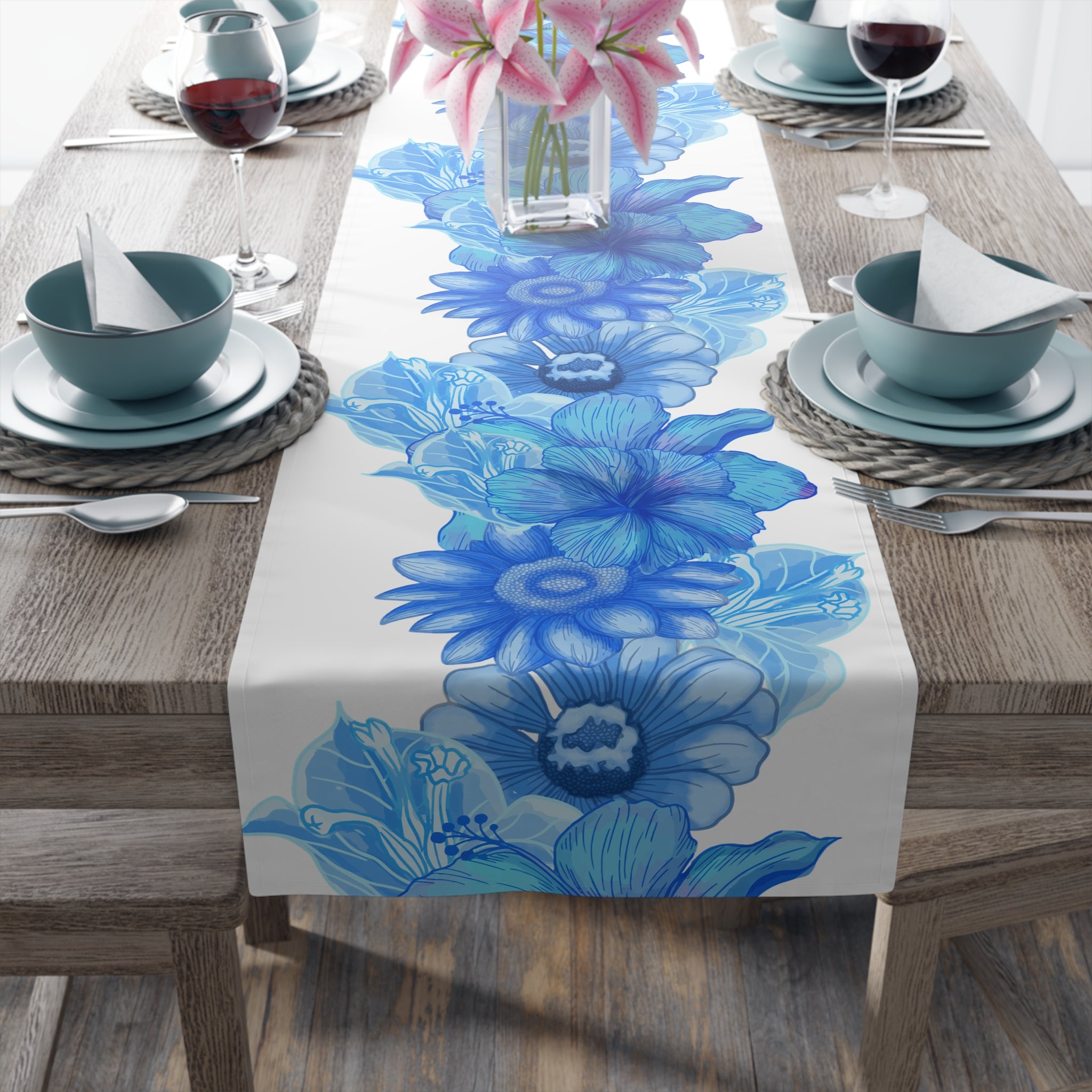 Chinoiserie, Blue And White, Tropical Floral, Hibiscus, Daisy, Dining Room, Kitchen, Side Board Table Wedding Table Runner