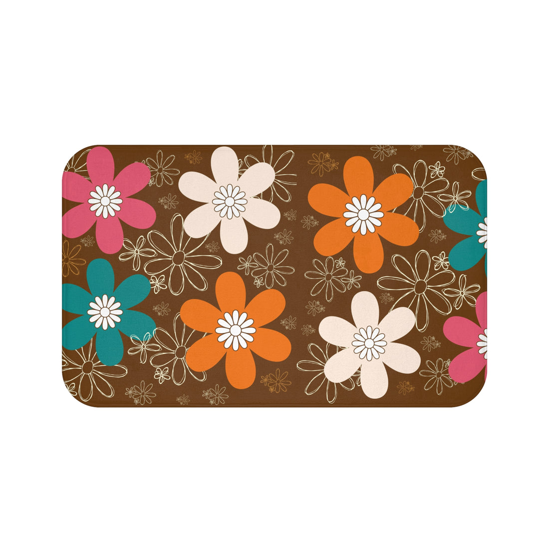 Retro 70s Flower Power Brown Orange Teal, Boho Floral Bath Mat - Vibrant Home Décor for Relaxing Spaces - Mid Century Modern Gal