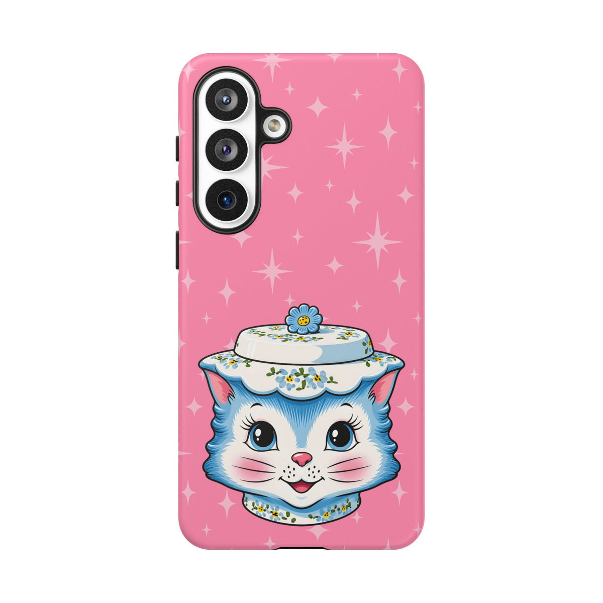 Mid Century Modern Kitschy Anthropomorphic Blue Cat with Floral Hat Tough Phone Case
