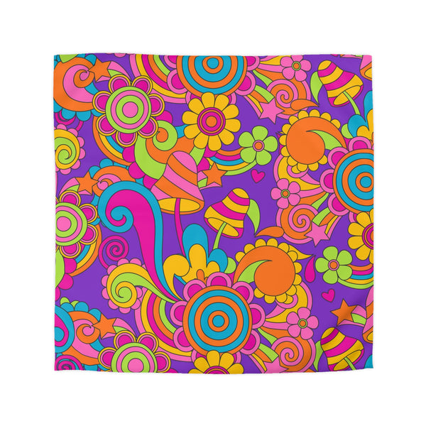 60s 70s Groovy Retro Purple, Pink Orange, Mushroom, Hippie Style Microfiber Duvet Cover