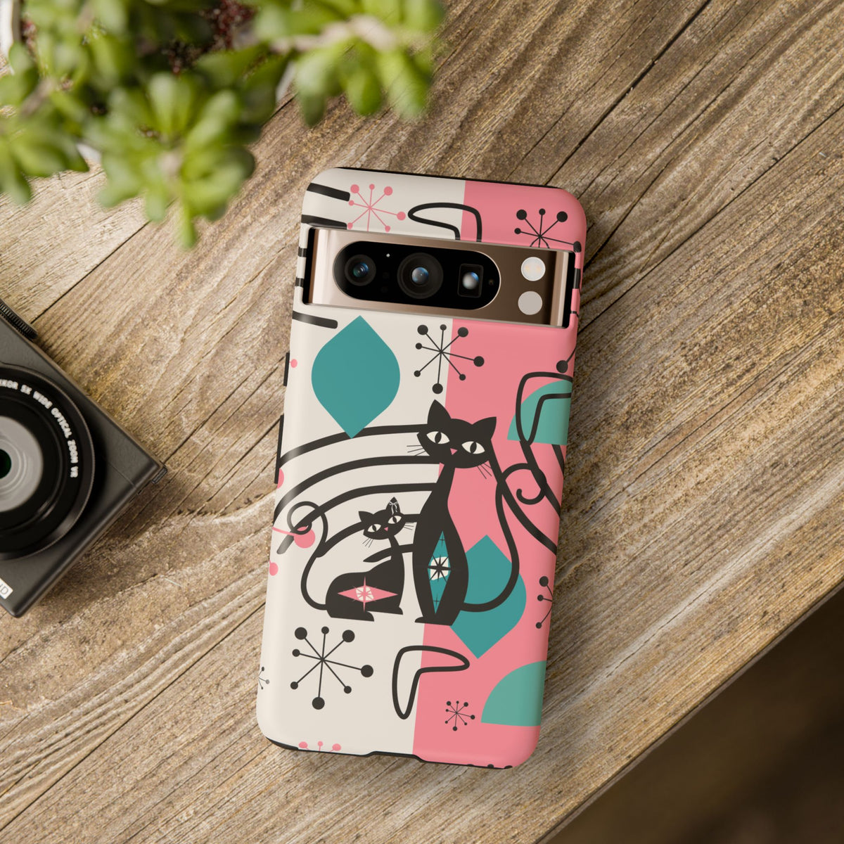 Mid Mod Atomic Cat Boomerang Starburst, Pink, Black Kitschy Stylish Cat Phone Case: Modern Design for Cat Lovers