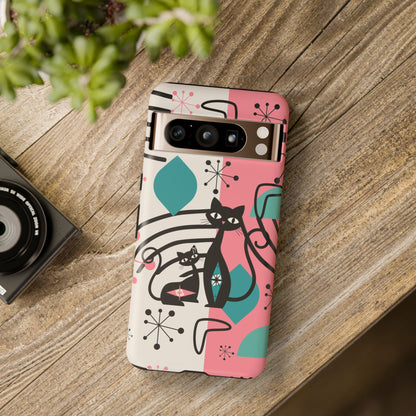 Mid Mod Atomic Cat Boomerang Starburst, Pink, Black Kitschy Stylish Cat Phone Case: Modern Design for Cat Lovers