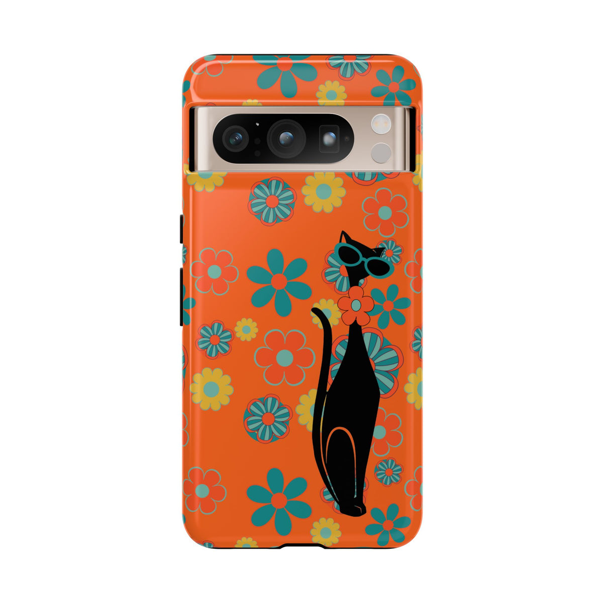 Flower Power, Retro Groovy Atomic Cat, Hipster Style Orange Samsung Galaxy and Google Pixel Tough Cases