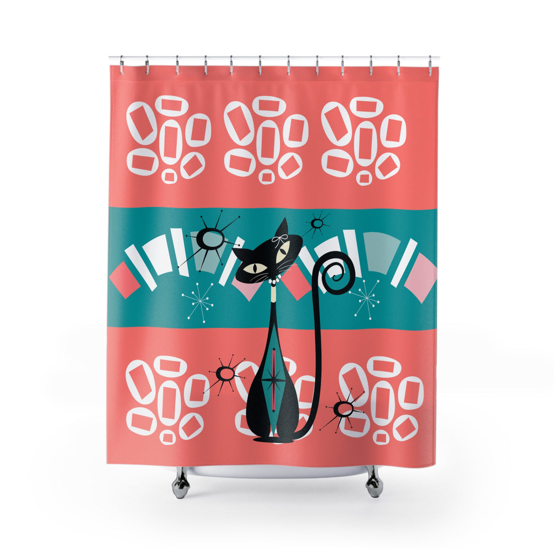 Atomic Cat Mid Century Modern Coral, Teal Kitschy Cute Shower Curtain - Mid Century Modern Gal