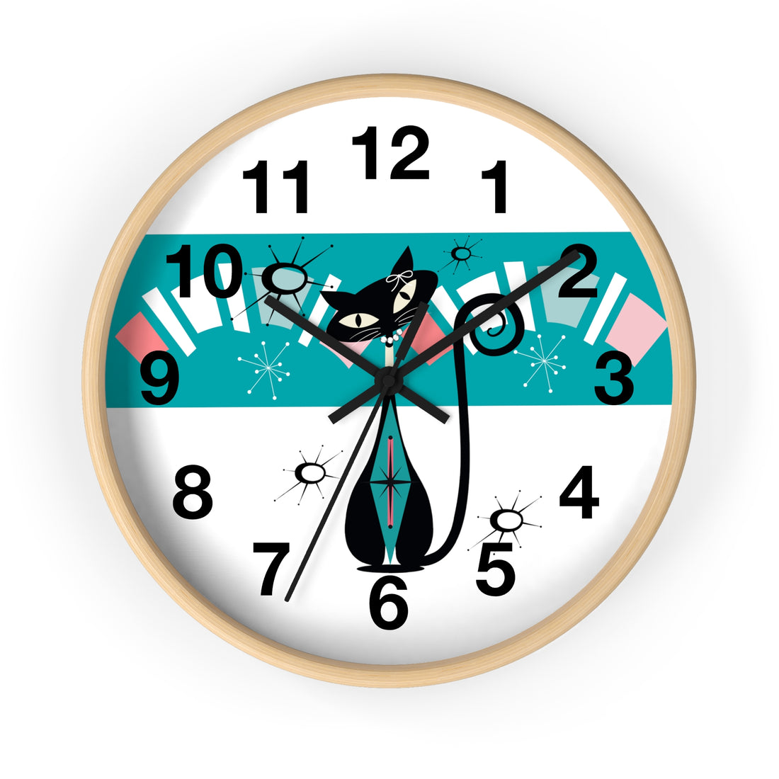 Atomic Cat, Kitschy Retro Mod Minimalist Kitchen, Office, Laundry Room Round Wall Clock - Mid Century Modern Gal