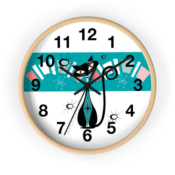 Atomic Cat, Kitschy Retro Mod Minimalist Kitchen, Office, Laundry Room Round Wall Clock