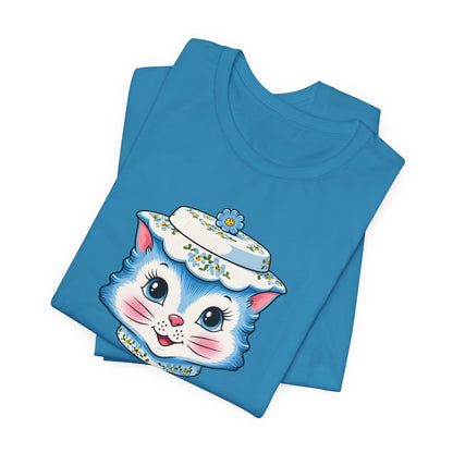 Mid Century Modern Kitschy Anthropomorphic Blue Cat with Floral Hat Unisex T-Shirt