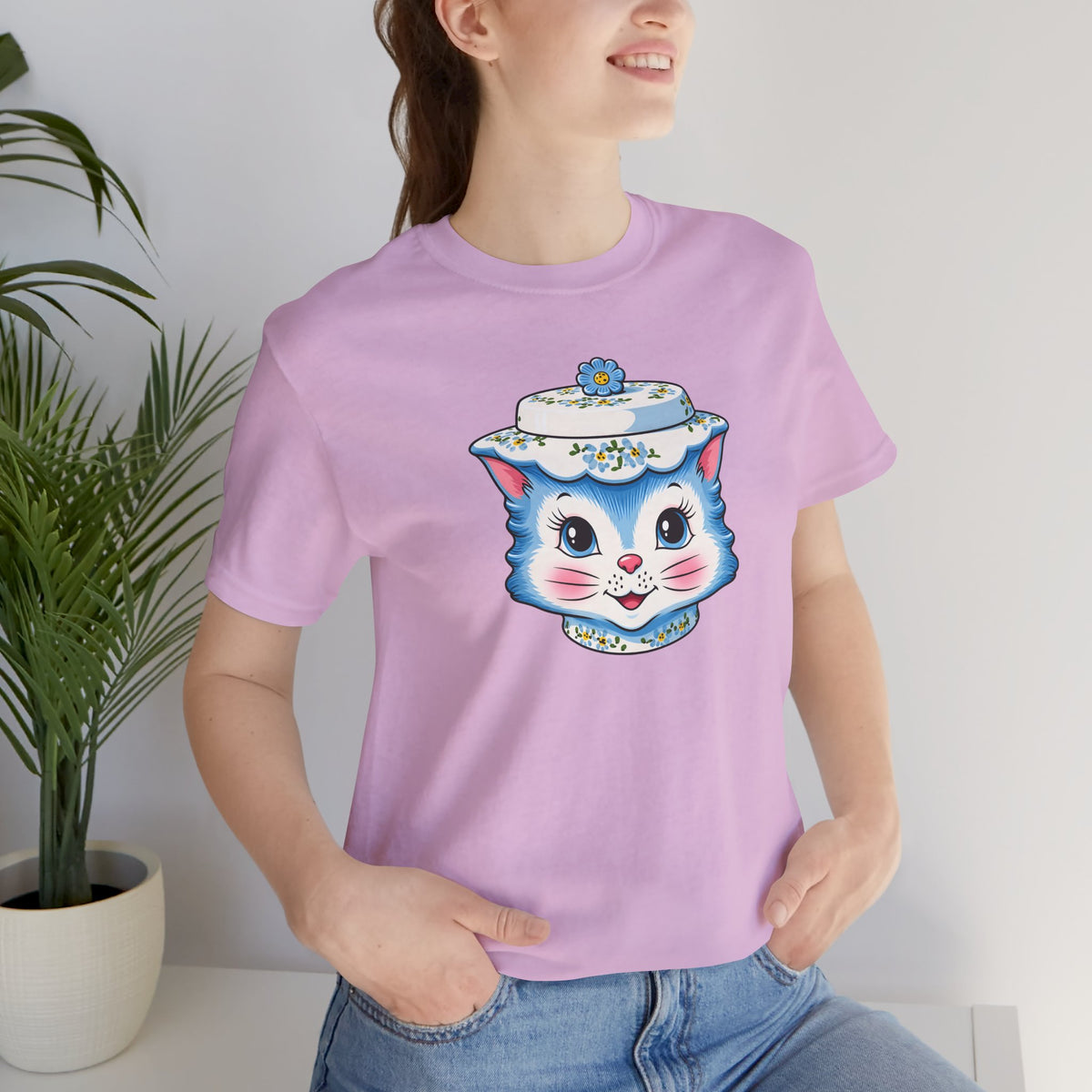 Mid Century Modern Kitschy Anthropomorphic Blue Cat with Floral Hat Unisex T-Shirt