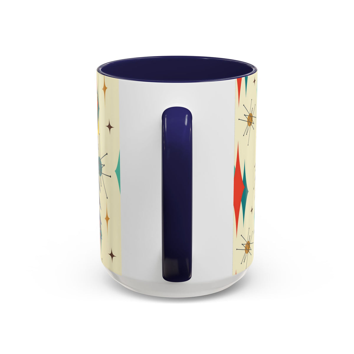 Mid Century Modern 50s Kitsch Christmas starburst coffee mug featuring colorful starburst designs on a cream background.