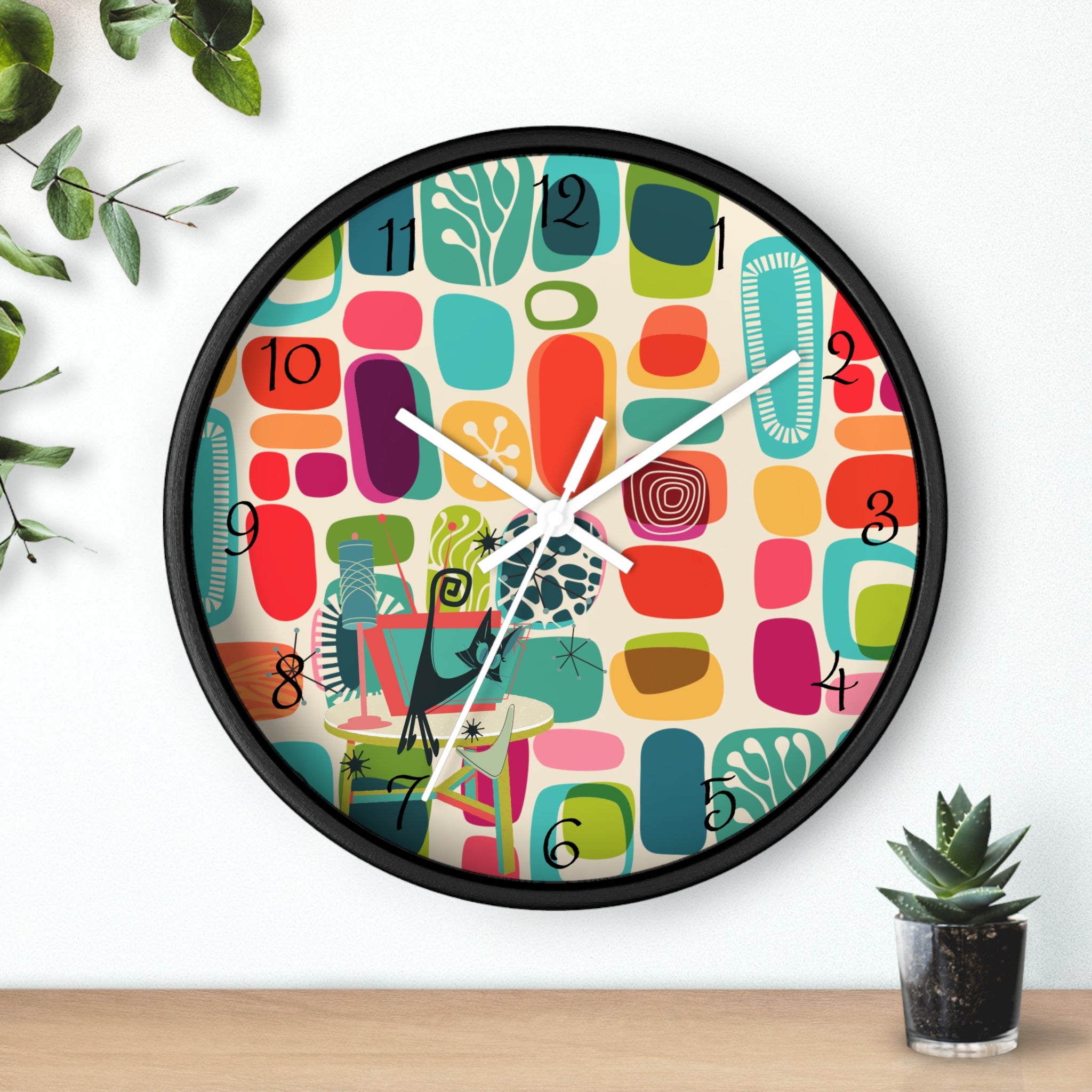 Mid Mod Amoeba Design With Kitschy Atomic Cat, Quirky Fun Retro Wall Clock