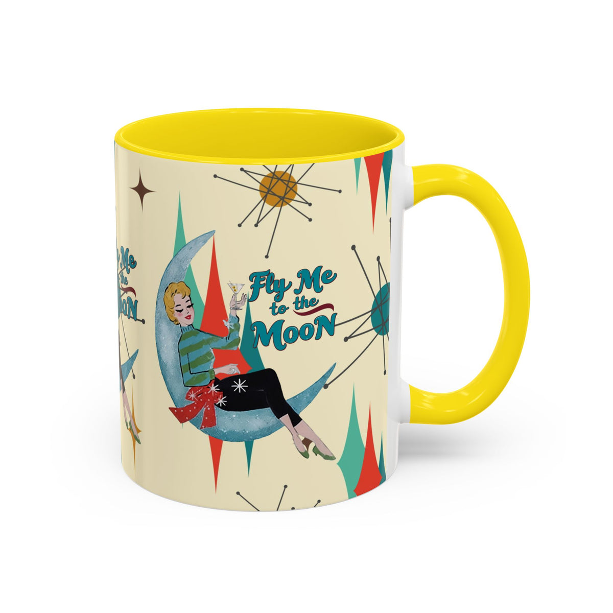 Mid Century Modern retro Christmas mug featuring a vintage design with a woman on a moon and starburst accents.