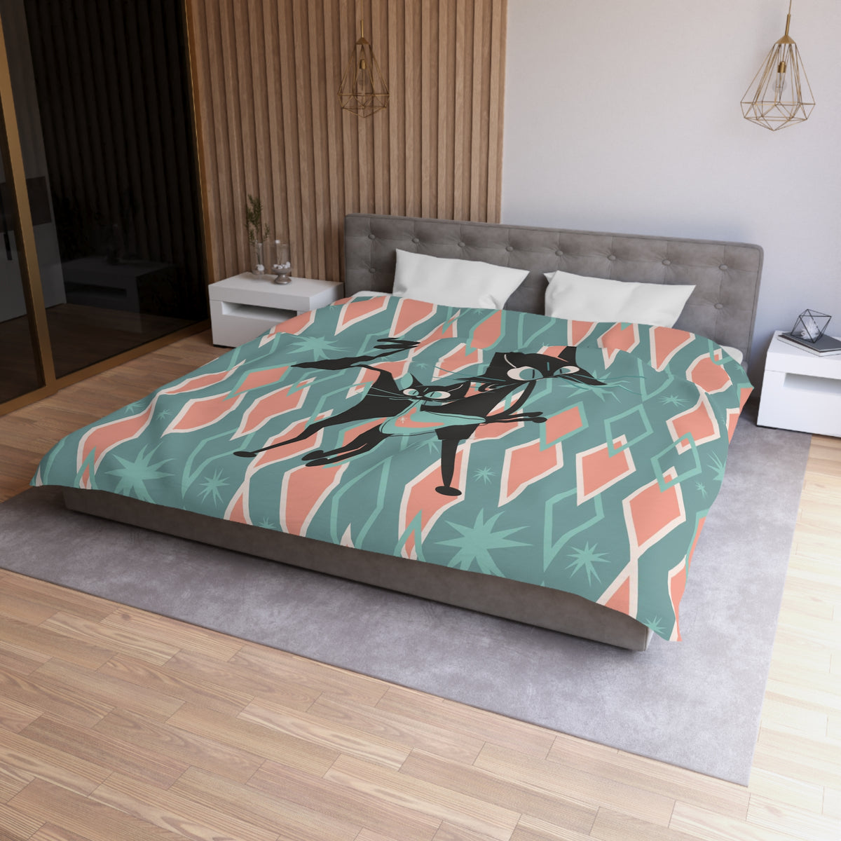 Atomic Cats Bedding, Pink, Aqua Harlequin Diamonds, Mid Century Moden Duvet Cover - Mid Century Modern Gal