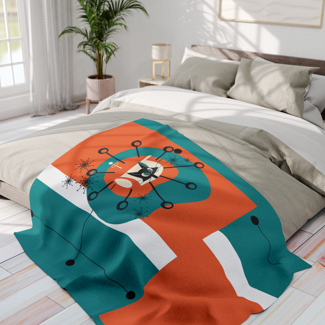 Mid Century Modern Orange Teal Atomic Space Kittie, MCM Lightweight Fleece Blanket