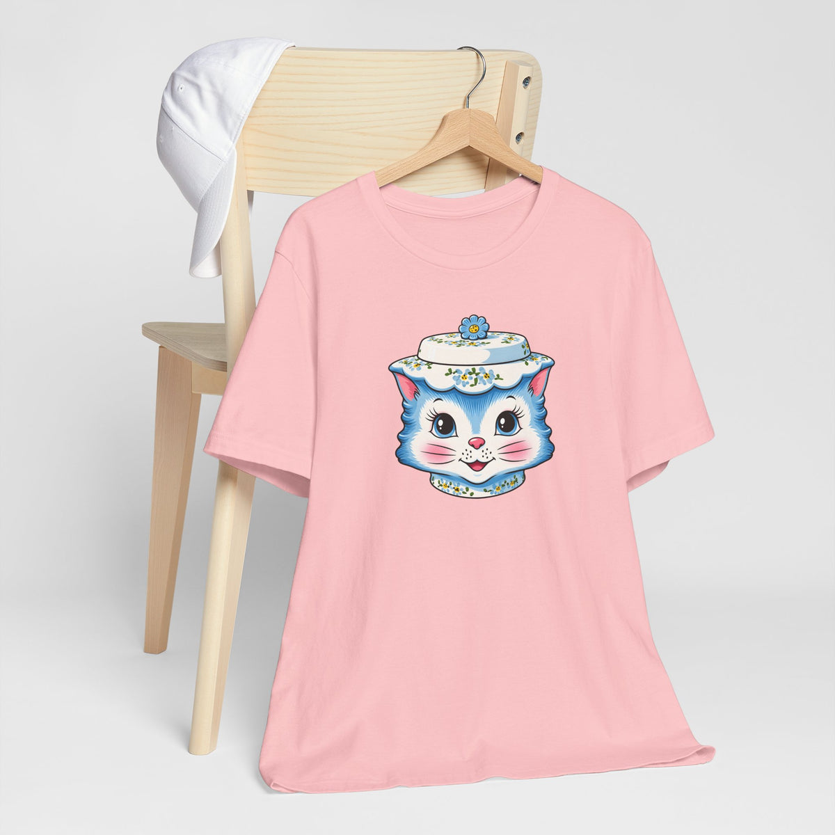 Mid Century Modern Kitschy Anthropomorphic Blue Cat with Floral Hat Unisex T-Shirt