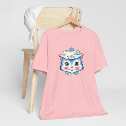 Mid Century Modern Kitschy Anthropomorphic Blue Cat with Floral Hat Unisex T-Shirt
