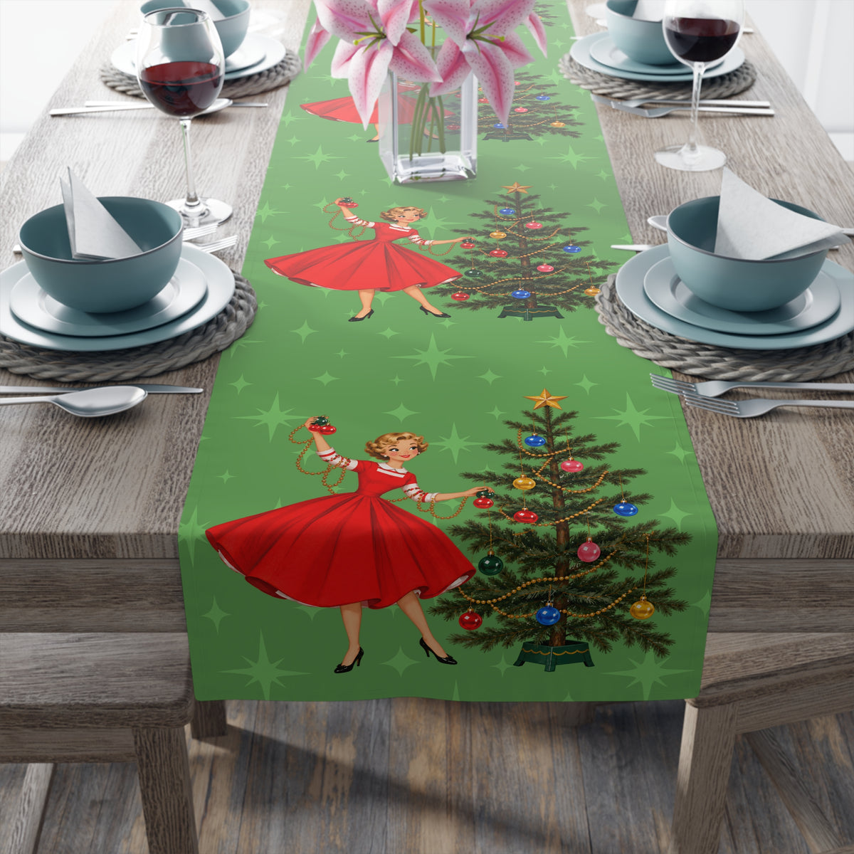 Mid Century Modern Gal Decorating Christmas Tree, Green Atomic Starbursts Table Runner
