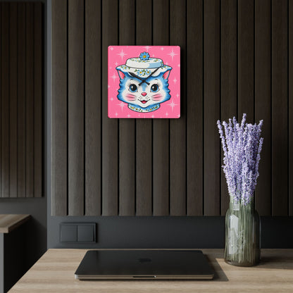 Mid Century Modern Kitschy Anthropomorphic Blue Cat with Floral Hat Acrylic Wall Clock