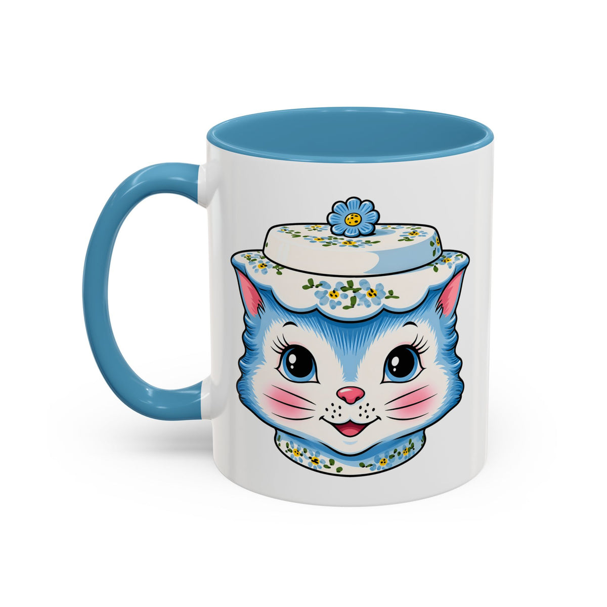Mid Century Modern Kitschy Anthropomorphic Blue Cat with Floral Hat Accent Coffee Mug - Mid Century Modern Gal