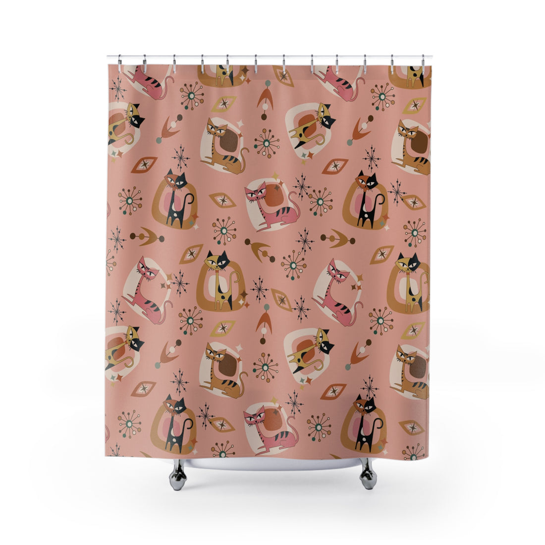 Atomic Cat Shower Curtain 50s Kitschy MCM Gal, Pink, Mid Mod Bath Decor - Mid Century Modern Gal