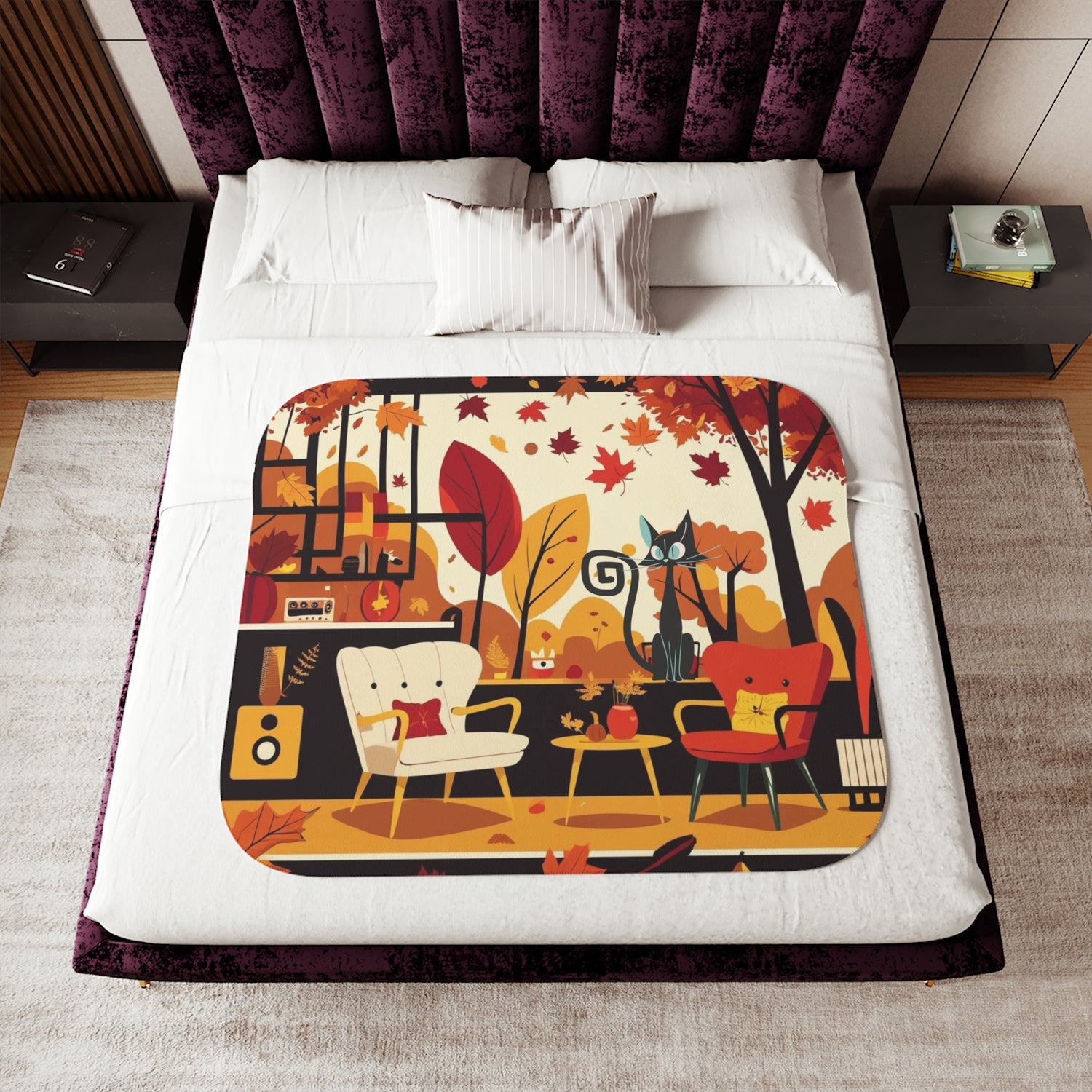 Scandinavian Fall Halloween Atomic Cat Cozy Seasonal Sherpa Blanket - Mid Century Modern Gal
