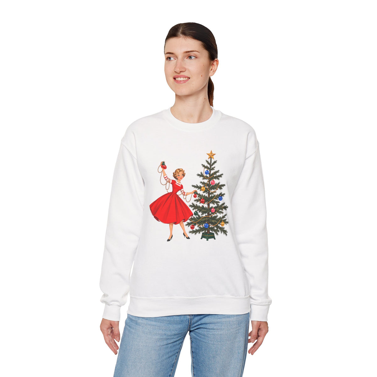 Mid Century Modern Gal Decorating Christmas Tree Unisex Heavy Blend™ Crewneck Sweatshirt - Mid Century Modern Gal