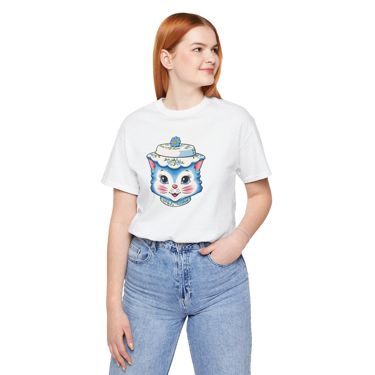 Mid Century Modern Kitschy Anthropomorphic Blue Cat with Floral Hat Unisex T-Shirt